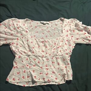 The good Jane Red and White cherry  Puff Sleeve Peplum Blouse